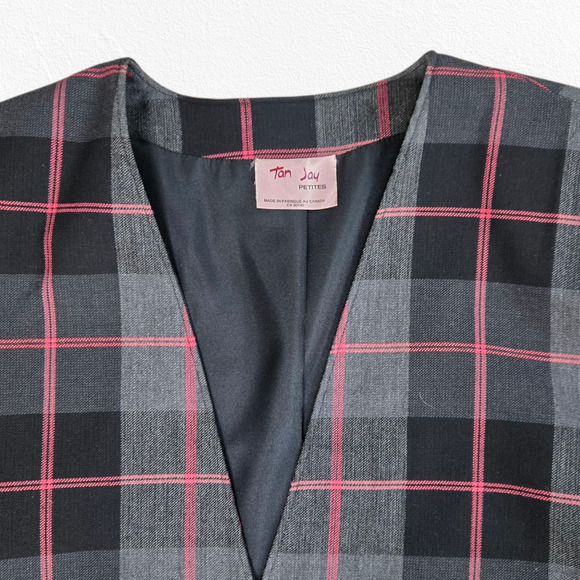1990s Vintage Charcoal Gray Pink Plaid Boxy Power Suit Blazer Jacket Size 10P - Picture 2 of 7